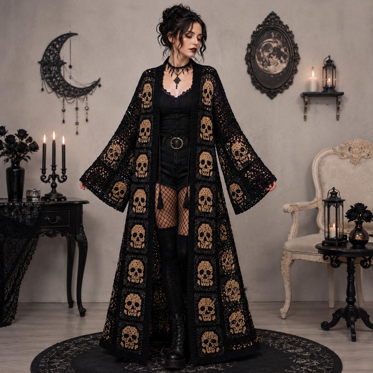 Gothic Skull Lace Long Duster