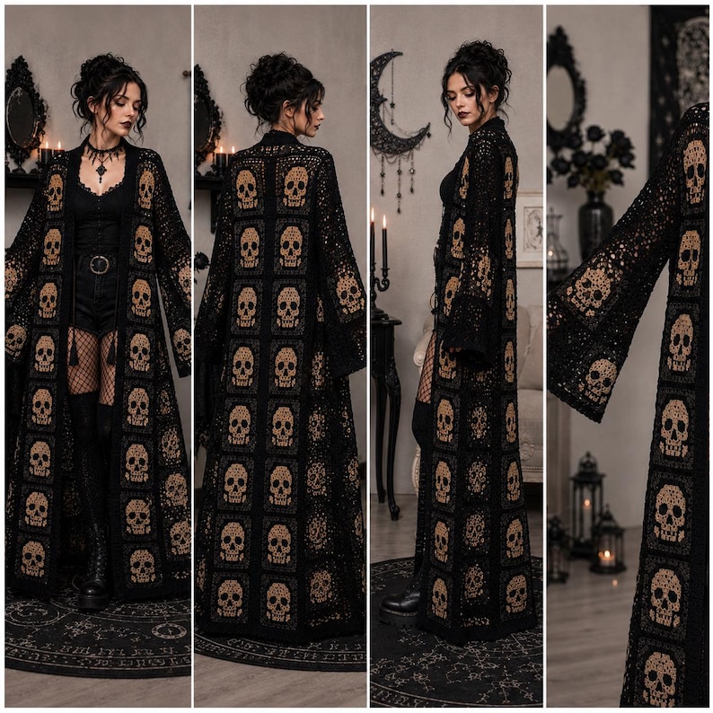 May include: A long, open-front cardigan made of black crochet squares, each featuring a tan skull motif. The garment has long, wide sleeves and a floor-length hem, constructed from a repeating pattern of skull-detailed squares throughout the entire piece.