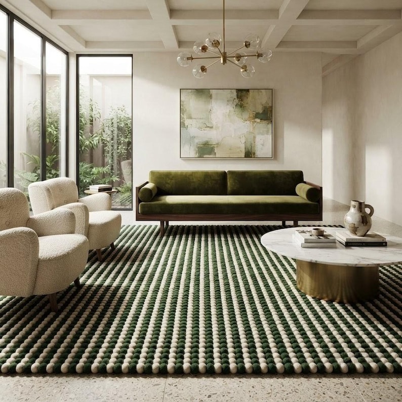 Handwoven Chunky Wool Rug Green Ivory Striped Area Rug Modern Boho ...