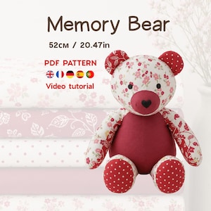 May include: A Memory Bear sewing pattern featuring a 52 cm or 20.47 inch finished size. The bear is crafted from fabric with floral, star, and solid dark red patterns. It includes a PDF pattern and video tutorial, indicated by text and icons.