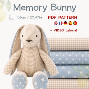 May include: A stuffed bunny toy made of beige gingham fabric with blue star and polka dot accents, accompanied by text reading Memory Bunny, PDF PATTERN, and + VIDEO tutorial, with a height indicator of 20.47 inches shown next to fabric rolls.