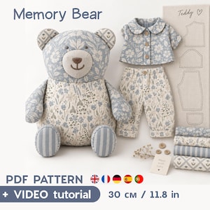 メモリーベアの型紙PDF、服付きテディベアの縫製型紙、ベビー服で作る記念ベア、ぬいぐるみ型紙＋ビデオチュートリアル