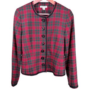 Vintage 80s Pendleton Red Green Tartan Plaid Virgin Wool Petite Cropped Jacket