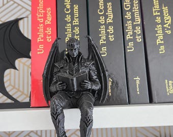 May include: A black figurine of a winged character sitting and reading a book, positioned in front of a row of books by Sarah J. Maas, including titles such as Un Palais d'Épines et de Roses, Un Palais de Colère et de Brume, and Un Palais de Cendres et de Ruines.