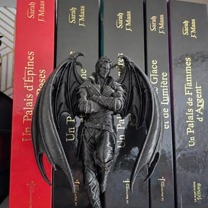 May include: A black, three-dimensional figurine of a winged humanoid figure with arms crossed, standing in front of a row of books by Sarah J. Maas. The figure features detailed wings, textured armour, and a stoic expression, positioned vertically.