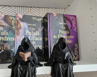 May include: Two black hooded figures in robes sitting on a shelf, each holding a small book. The figure on the left holds a light brown book, while the figure on the right holds a black book. Behind them are three books by Sarah J. Maas.