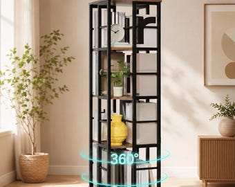 Scaffale girevole a 4 ripiani con supporto a 360° e funzione di esposizione/contenitore.