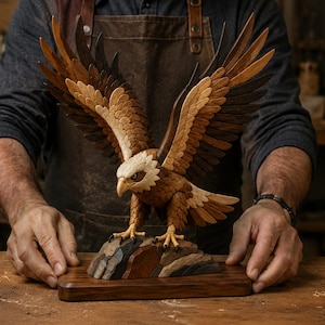 Può includere: Una scultura in legno realizzata a mano raffigurante un'aquila con le ali spiegate, caratterizzata da complessi strati di tonalità di legno chiare, medie e scure. L'aquila è appollaiata su una base rocciosa in legno multicolore su una base rettangolare.