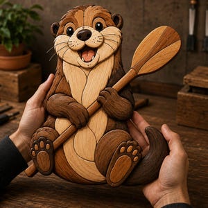 Op de afbeelding: Een meerkleurig houten inlegwerk wandkunstwerk dat een glimlachende otter met een houten peddel voorstelt. De otter is opgebouwd uit licht- en donkerbruine houtnerfsegmenten, gedetailleerde pootjes en een gladde afwerking met vakmanschap.