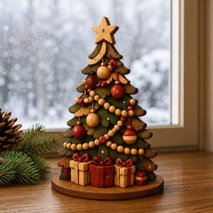 May include: A decorative wooden Christmas tree ornament featuring layered green branches, a carved star topper, and hanging spherical baubles in red and natural wood tones. A beaded garland drapes across the front, with three gift boxes at the base.