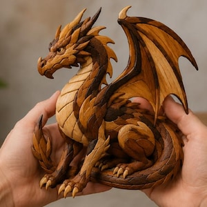May include: A dragon figurine crafted from multiple shades of natural wood, featuring intricate layered scales, a curved tail, and large wings. The sculpture displays a mix of light, medium, and dark brown wood tones with a smooth, polished finish.