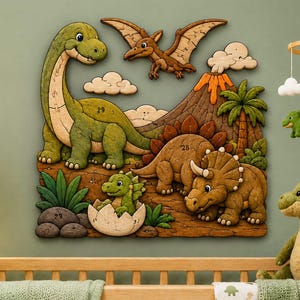 Puede incluir: Un arte de pared de madera compuesto por varias piezas que muestra un gran dinosaurio verde de cuello largo, un estegosaurio marrón, un triceratops, un pterodáctilo volador y un bebé dinosaurio saliendo de un huevo, en un paisaje volcánico con palmeras.