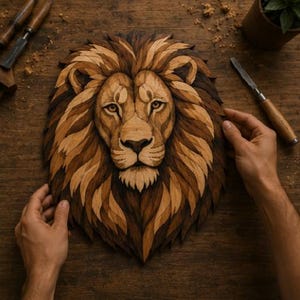 Puede incluir: Una pieza de arte mural de madera hecha a mano que representa una cabeza de león detallada. La escultura está compuesta por segmentos de madera superpuestos en tonos variados de marrón claro, medio y oscuro, creando una melena texturizada.