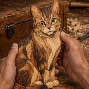May include: A handcrafted wooden cat figurine featuring intricate marquetry in various shades of brown, tan, and cream. The sculpture displays a tabby pattern with detailed wood grain, amber-colored eyes, and thin, light-colored whiskers.