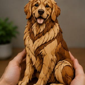 May include: A carved wooden figurine of a golden retriever dog featuring layered, overlapping segments in various shades of light and dark brown wood. The dog is depicted in a seated position with its mouth open, tongue visible, and dark eyes.