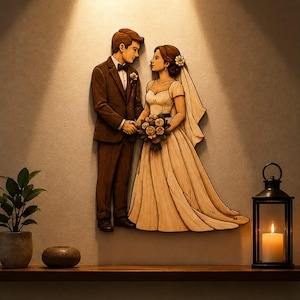 May include: A wooden wall art piece depicting a couple in wedding attire. The figure on the left wears a brown suit with a bowtie, while the figure on the right wears a long gown, a veil, and holds a bouquet of flowers. The figures are joined at the hands.