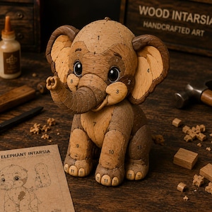 Op de afbeelding: Een houten intarsia olifantfiguur opgebouwd uit verschillende tinten licht en donker hout. De olifant heeft genummerde segmenten, grote oren en een slurf. Een papieren patroon met het label BABY ELEPHANT INTARSIA is in de buurt zichtbaar.