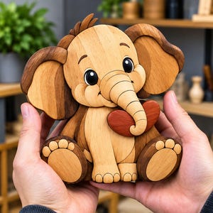 Puede incluir: Una figura de elefante de madera hecha a mano con cara y cuerpo de color tostado claro, y orejas y pies de color marrón oscuro. El elefante tiene grandes ojos negros y sostiene un corazón liso de color marrón rojizo con su trompa.