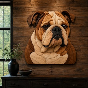 May include: A wall-mounted wooden art piece depicting the head and shoulders of a bulldog. The sculpture is crafted from layered wood segments in varying shades of light, medium, and dark brown, creating a textured, three-dimensional appearance.