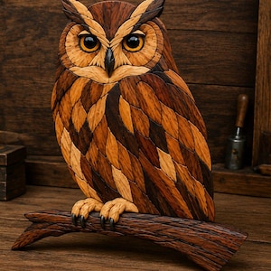 May include: A decorative wooden owl sculpture composed of various shades of brown and tan wood pieces arranged in a feather pattern. The owl features large, dark, glossy eyes and is perched on a textured wooden branch with carved talons.