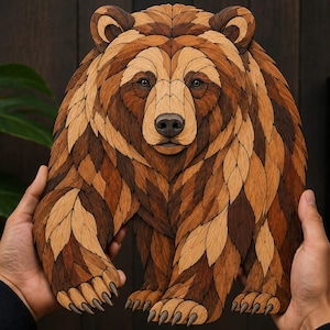 May include: A wall art piece shaped like a bear, constructed from numerous small, interlocking wooden pieces in varying shades of brown, ranging from light tan to dark espresso, creating a textured, mosaic-like appearance of fur.