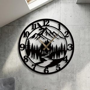 Mountain Forest Metal Wall Clock, Silent Nature Scene, Laser-Cut Wall Art, Japandi Decor