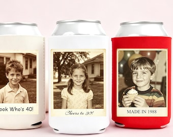 Personalized Vintage Childhood Photo Can Cooler, Custom Picture Beer Can Sleeve, Milestone Birthday Gift