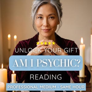 May include: A person with grey hair wearing a dark red velvet top, positioned behind a table with lit candles, a crystal pendulum, and a deck of cards. Text reads: UNLOCK YOUR GIFT AM I PSYCHIC? READING PROFESSIONAL MEDIUM - SAME HOUR.
