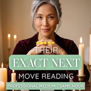 May include: A person with graying hair wearing a dark red velvet top, positioned behind a table with candles, a crystal pendulum, and a deck of cards. Text overlays read: THEIR EXACT NEXT MOVE READING, five yellow stars, and PROFESSIONAL MEDIUM - SAME HOUR.