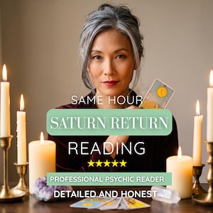 Könnte beinhalten: Eine Person mit grau gesträhntem Haar hält eine Tarotkarte mit Sonnenmotiv. Text: SAME HOUR SATURN RETURN READING, fünf gelbe Sterne, PROFESSIONAL PSYCHIC READER, DETAILED AND HONEST. Vier brennende Kerzen und Kristalle sind zu sehen.