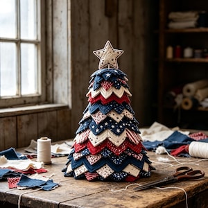 Peut inclure: Un sapin de Noël décoratif en tissu composé de couches de pièces triangulaires matelassées rouges, blanches et bleues. L'arbre présente des motifs d'étoiles et de rayures et est surmonté d'une étoile matelassée à cinq branches.