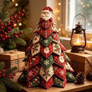 May include: A decorative fabric Christmas tree constructed from layered, quilted diamond-shaped patches in red, green, and cream. The tree features patterns of Santa Claus faces, snowflakes, holly leaves, and plaid, topped with a small Santa figurine.