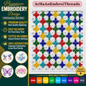 Stickmuster im Kreuzstich-Stil, farbenfroher Patchwork-Quiltblock, geometrisches Lochmuster, PES-, DST- und JEF-Dateien zum sofortigen Download