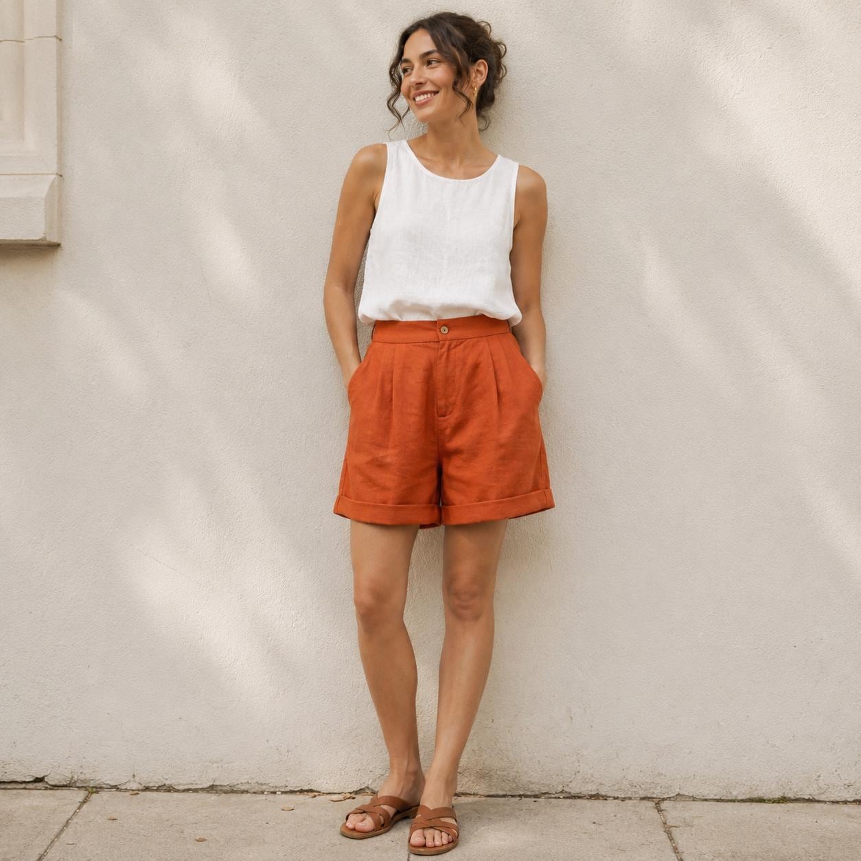 High waist Mini Shorts, Wide-leg Short with pocket, Clothing for Women, Linen Hot pants