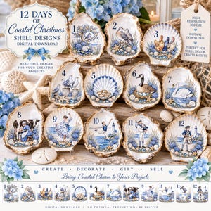 12 Days of Christmas Coastal Shell Designs, Digital Download (300 DPI)