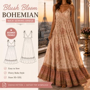 May include: A sewing pattern for a maxi dress titled Blush Bloom Bohemian. The image displays a technical line drawing of the dress with thin tie straps and a ruffled hem, alongside a photograph of the dress featuring a floral print in blush tones.