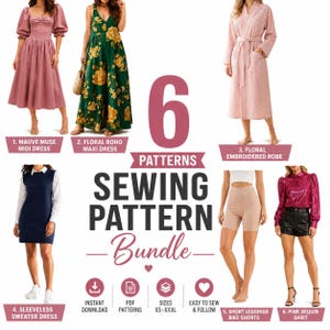 Paquete de 6 patrones de costura en PDF, conjunto de vestido, bata y top para mujer, patrón de costura digital para principiantes, descarga instantánea, conjunto de PDF fácil de coser.