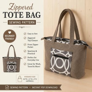 Patron de couture PDF pour sac fourre-tout zippé, sac fourre-tout en tissu facile à coudre, idéal pour les débutants, avec fermeture éclair sur le dessus, poche avant, sac de travail ou de voyage, téléchargement facile !