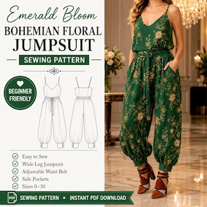 Może przedstawiać: Wykrój krawiecki Emerald Bloom Bohemian Floral Jumpsuit na kombinezon z szerokimi nogawkami, regulowanym paskiem w talii i kieszeniami bocznymi. Projekt posiada dekolt w serek, cienkie ramiączka i mankiety przy kostkach. Zawiera instrukcje dla początkujących.