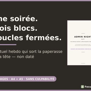 May include: A dark brown promotional graphic featuring the text Une soirée. Trois blocs. Boucles fermées. Le rituel hebdo qui sort la paperasse de ta tête — non daté. It displays an Admin Night Kit document with 35 pages in A4 and A5 sizes.