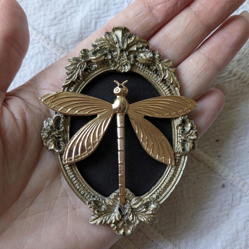 May include: A gold-toned dragonfly ornament centered on a black oval background, encased within an ornate, antique-style gold frame featuring intricate leaf and scroll detailing. The dragonfly has textured wings and a segmented body.
