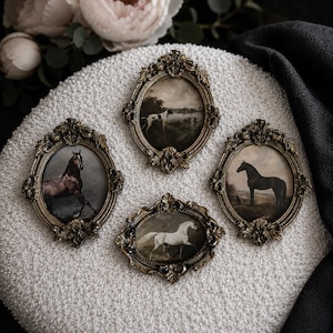 Pode incluir: Quatro molduras ovais com detalhes ornamentados em metal de cor dourada antiga. Três molduras estão orientadas verticalmente, contendo imagens de cavalos e um cão, enquanto uma moldura menor está orientada horizontalmente, apresentando um cavalo branco.