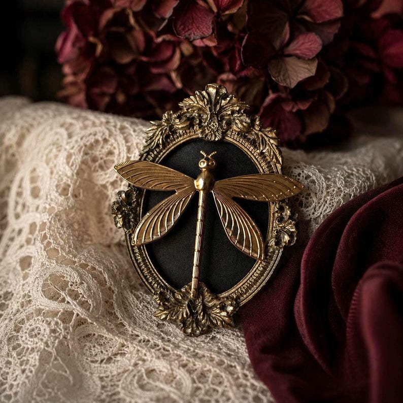 Cadre ex-voto libellule dorée gothique, cadre baroque style cabinet de curiosités entomologique, décoration naturaliste victorienne, encadrement insecte sous Cloche idée cadeau Halloween
