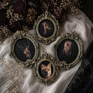 Gothic wall art frames, animal portraits, Halloween cabinet of curiosities, fox, owl, Gothic forest decoration, Dark Academia