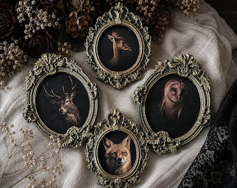 Gothic wall art frames, animal portraits, Halloween cabinet of curiosities, fox, owl, Gothic forest decoration, Dark Academia