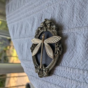May include: A gold-toned dragonfly ornament mounted on a dark gray oval background, encased within an ornate, silver-colored frame featuring intricate floral and leaf detailing along the top and bottom edges of the oval border.