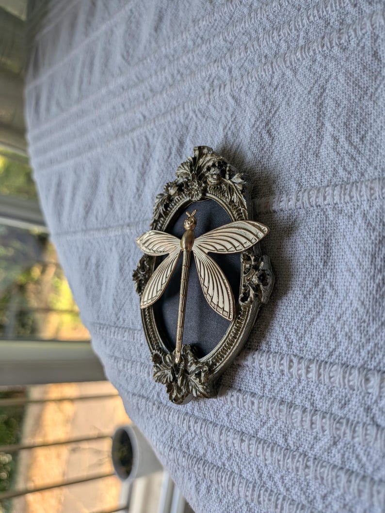 May include: A gold-toned dragonfly ornament mounted on a dark gray oval background, encased within an ornate, silver-colored frame featuring intricate floral and leaf detailing along the top and bottom edges of the oval border.