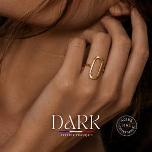 Könnte beinhalten: Ein goldfarbener Ring mit einem vertikalen, ovalen, offenen Rahmendesign. Der Ring ist mit dem Text DARK ATELIER FRANÇAIS und einem kreisförmigen Emblem mit der Aufschrift ACIER 316L INOXYDABLE versehen, das auf 316L Edelstahl hinweist.