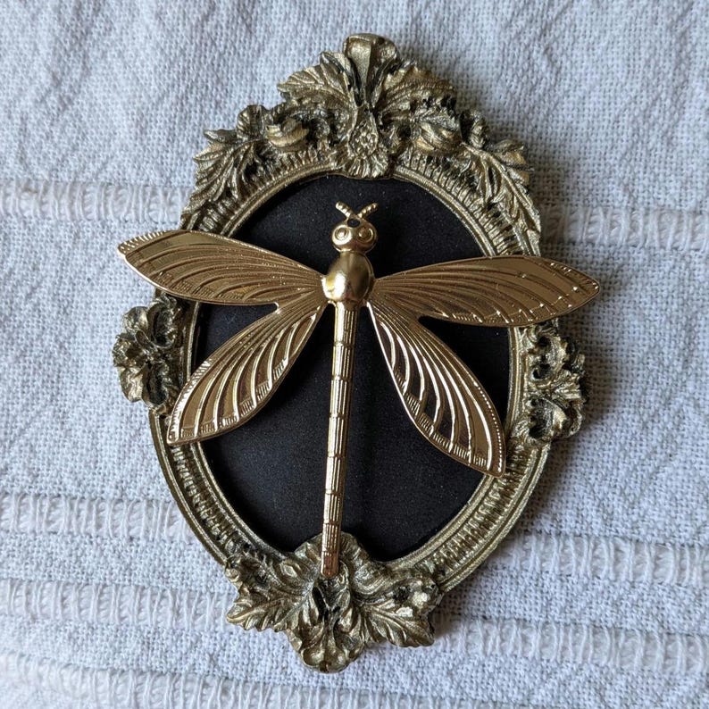 May include: A gold-toned metal dragonfly ornament mounted on a black oval background within an ornate, antique-style gold-colored frame. The dragonfly features detailed wings and a segmented body, centered perfectly inside the decorative border.