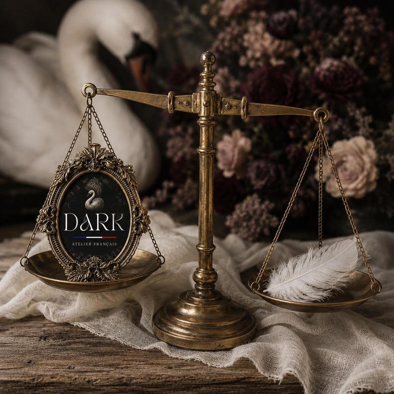 May include: A brass balance scale with an ornate oval frame on the left pan containing a swan graphic and the text DARK ATELIER FRAN&Ccedil;AIS with a French flag motif. A single white feather rests on the right pan of the scale, which is made of metal.